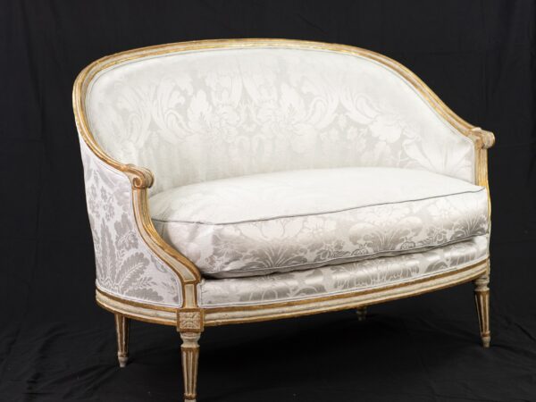 Antique Louis XVI Gilded Canapé: Restored Scalamandre Silk Settee