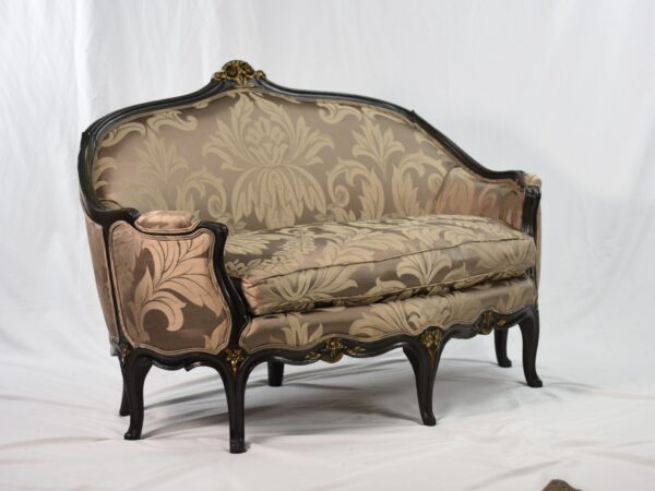 Antique Louis XV Canape: Scalamandre Silk Damask, French Provincial Loveseat