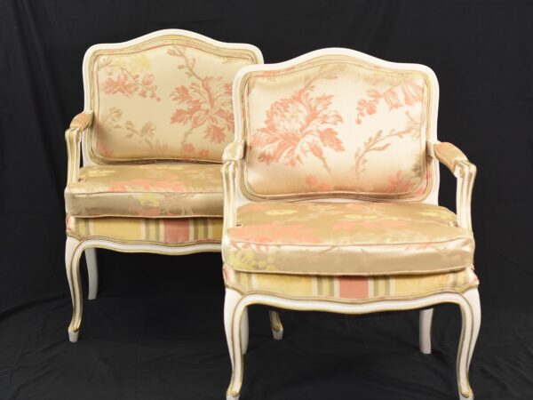 Scalamandré Silk Fauteuil Chairs, Louis XV Style, Gray & Gold, Restored Vintage Seating