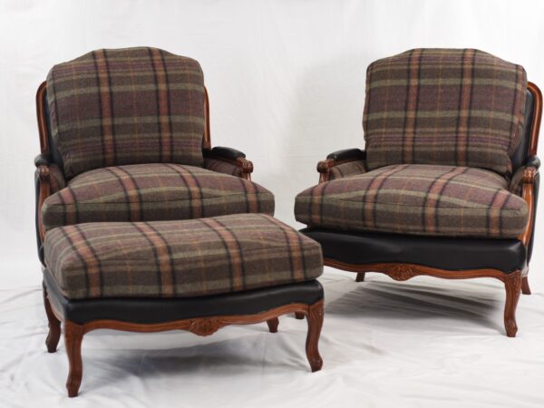 Ralph Lauren Wool and Leather on Oversized Vintage Louis XV Chairs and Ottoman Set