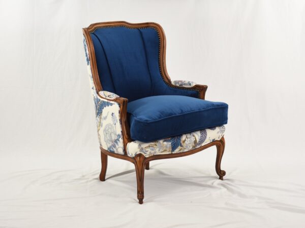 Schumacher Linen Accent Chair | Restored Vintage Ethan Allen Camille Bergere | Sapphire Velvet